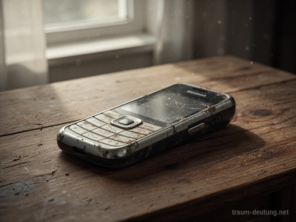 Ein altes Handy liegt auf einem Holztisch im sanften Licht.