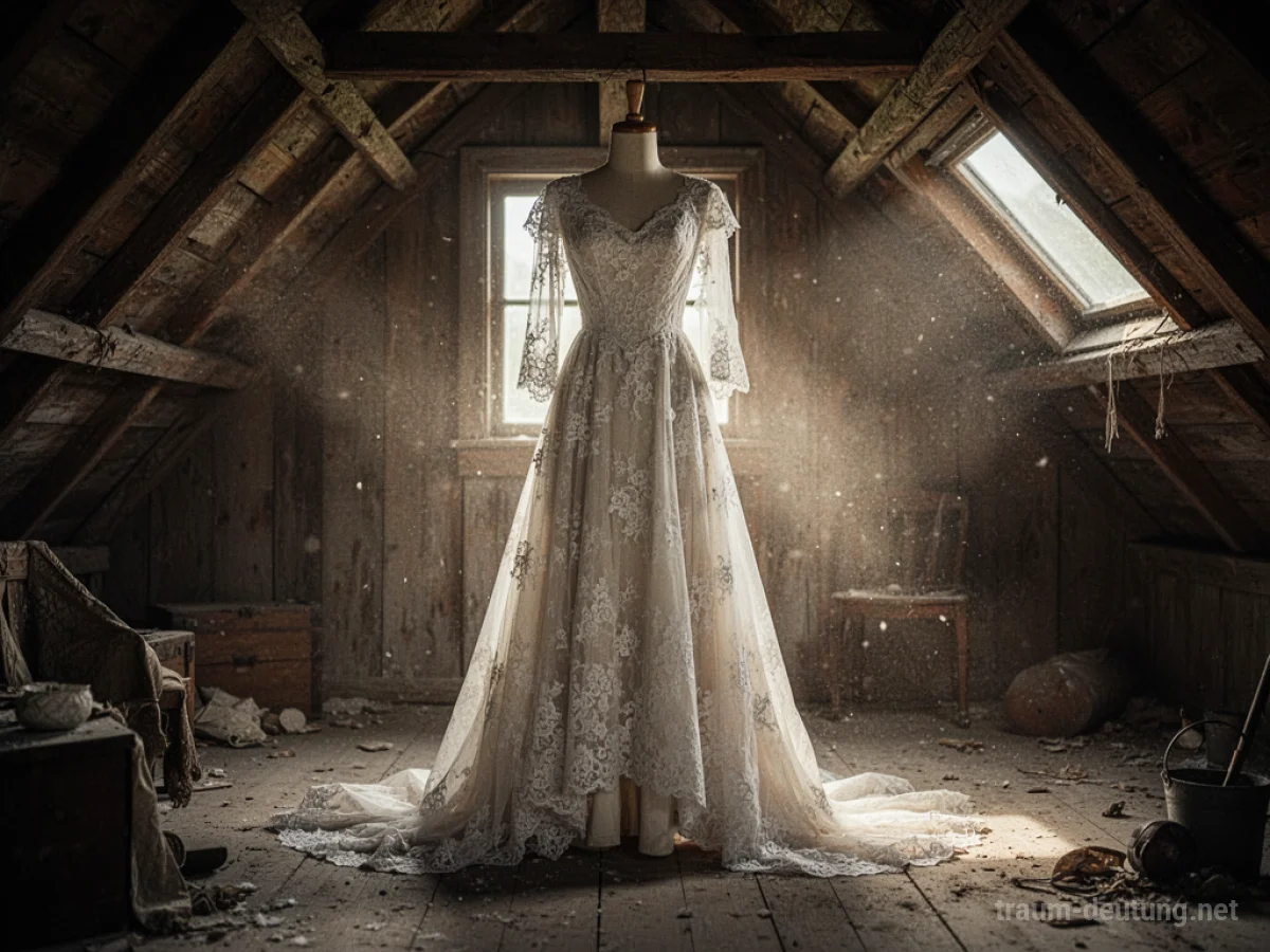 Ein altes Hochzeitskleid hängt in einem staubigen Dachboden, beleuchtet von einem Sonnenstrahl.