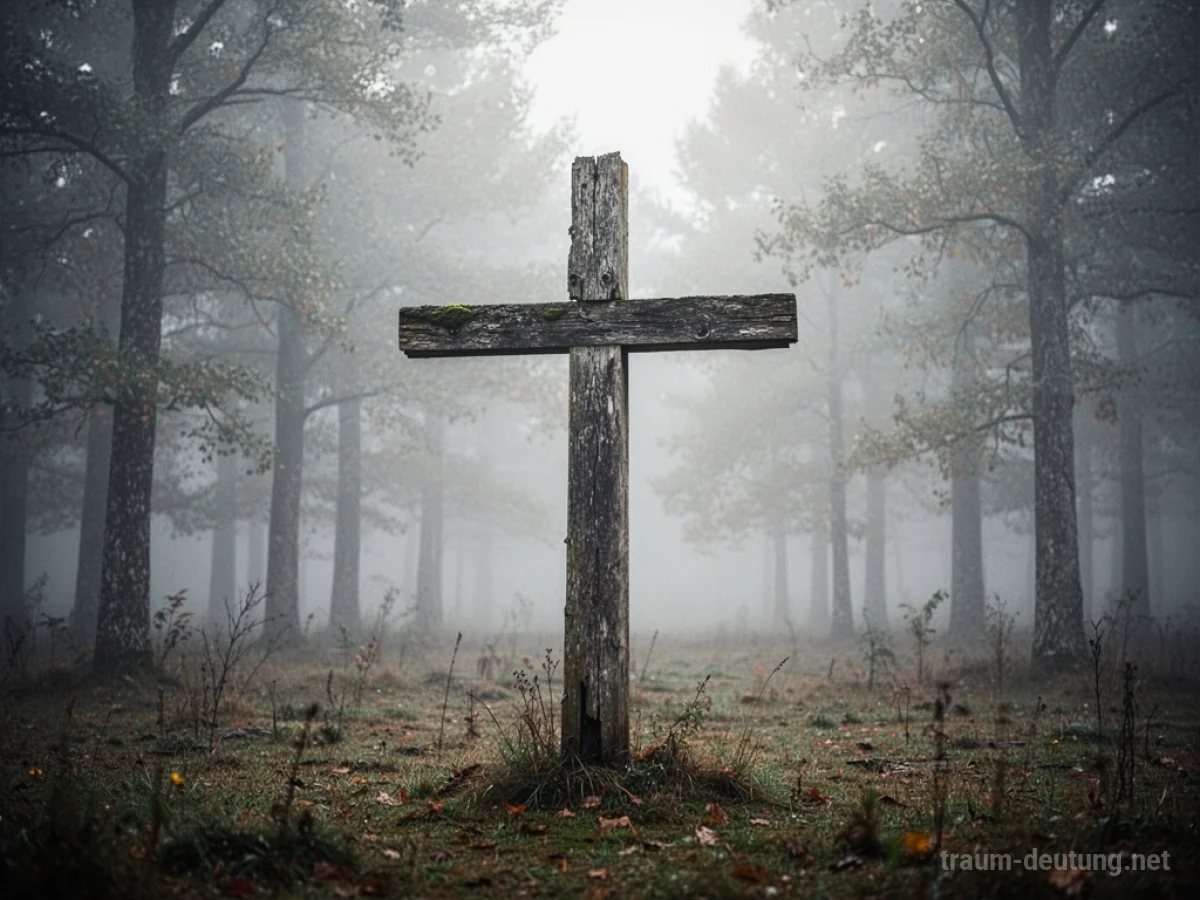 Altes Holzkreuz in einem nebligen Wald