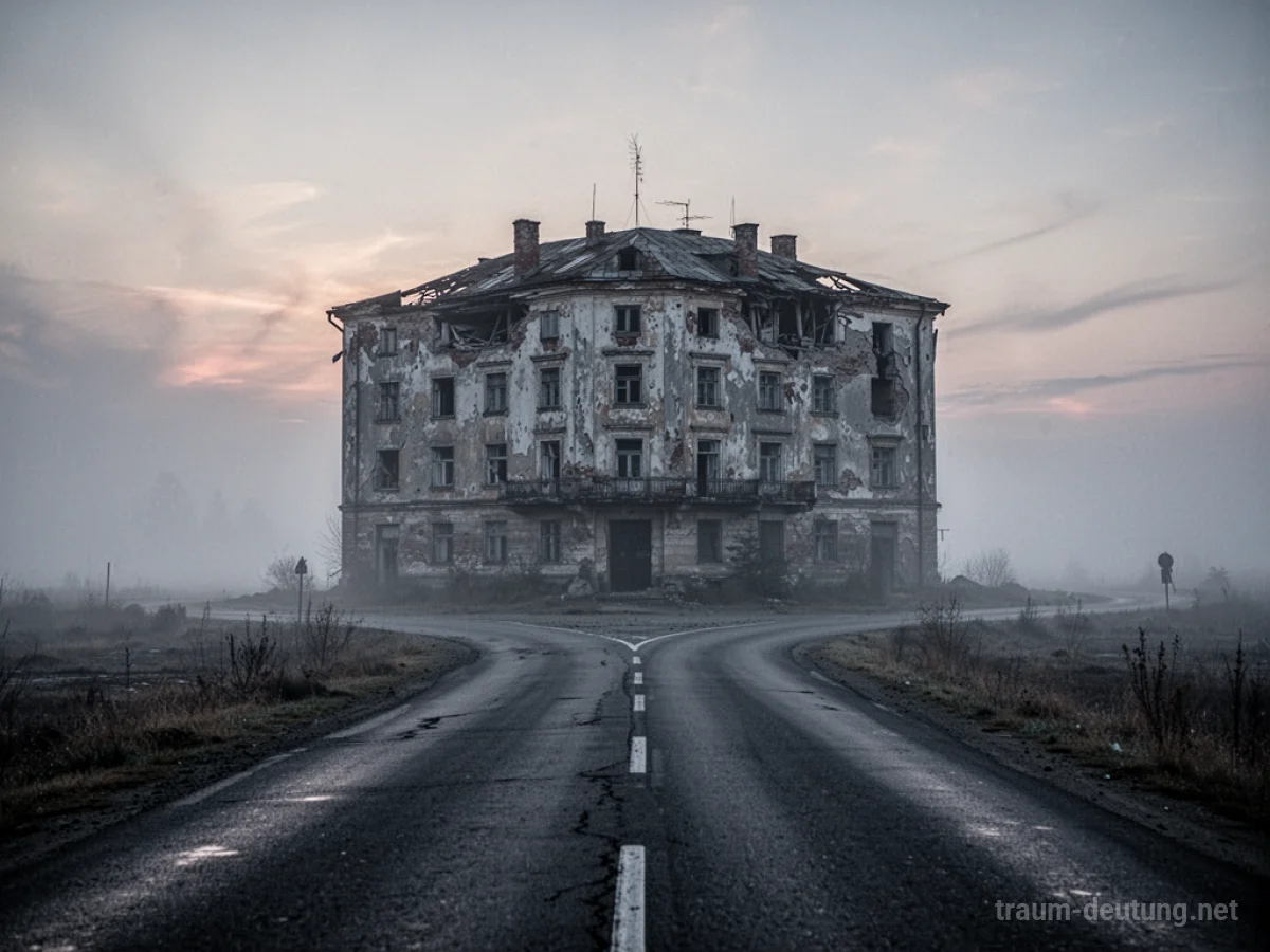 Ein altes Hotelgebäude auf einer einsamen Straße im Nebel bei Dämmerung.