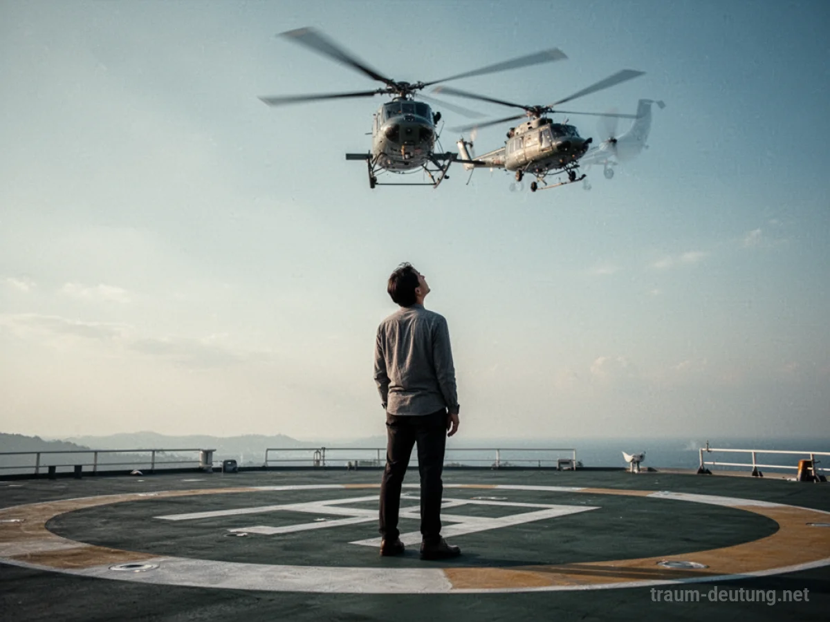 Person wartet auf einem Hubschrauberlandeplatz auf den Hubschrauber.