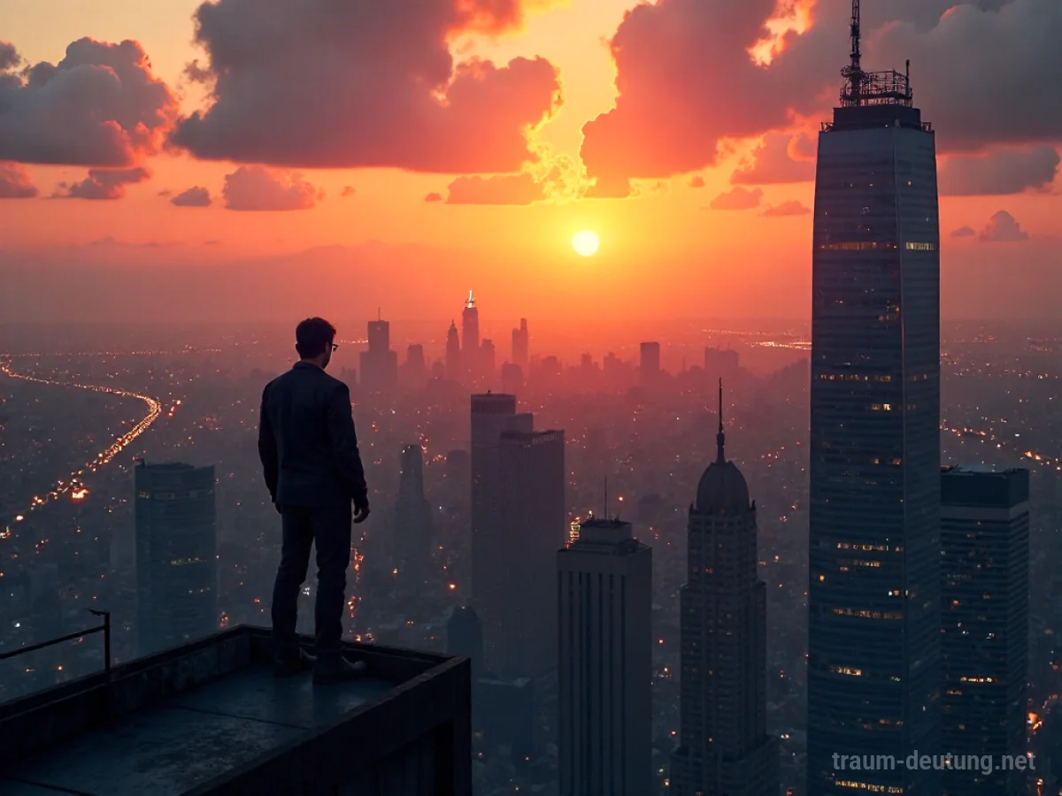 Silhouette einer Person auf einem Wolkenkratzerdach mit Blick auf eine Stadt bei Sonnenuntergang.