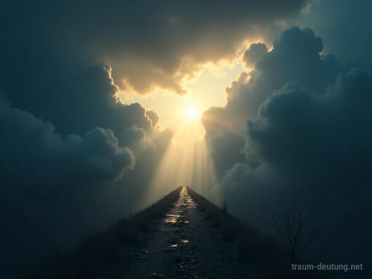 Ein Lichtstrahl durchbricht dunkle Wolken und beleuchtet einen Weg.