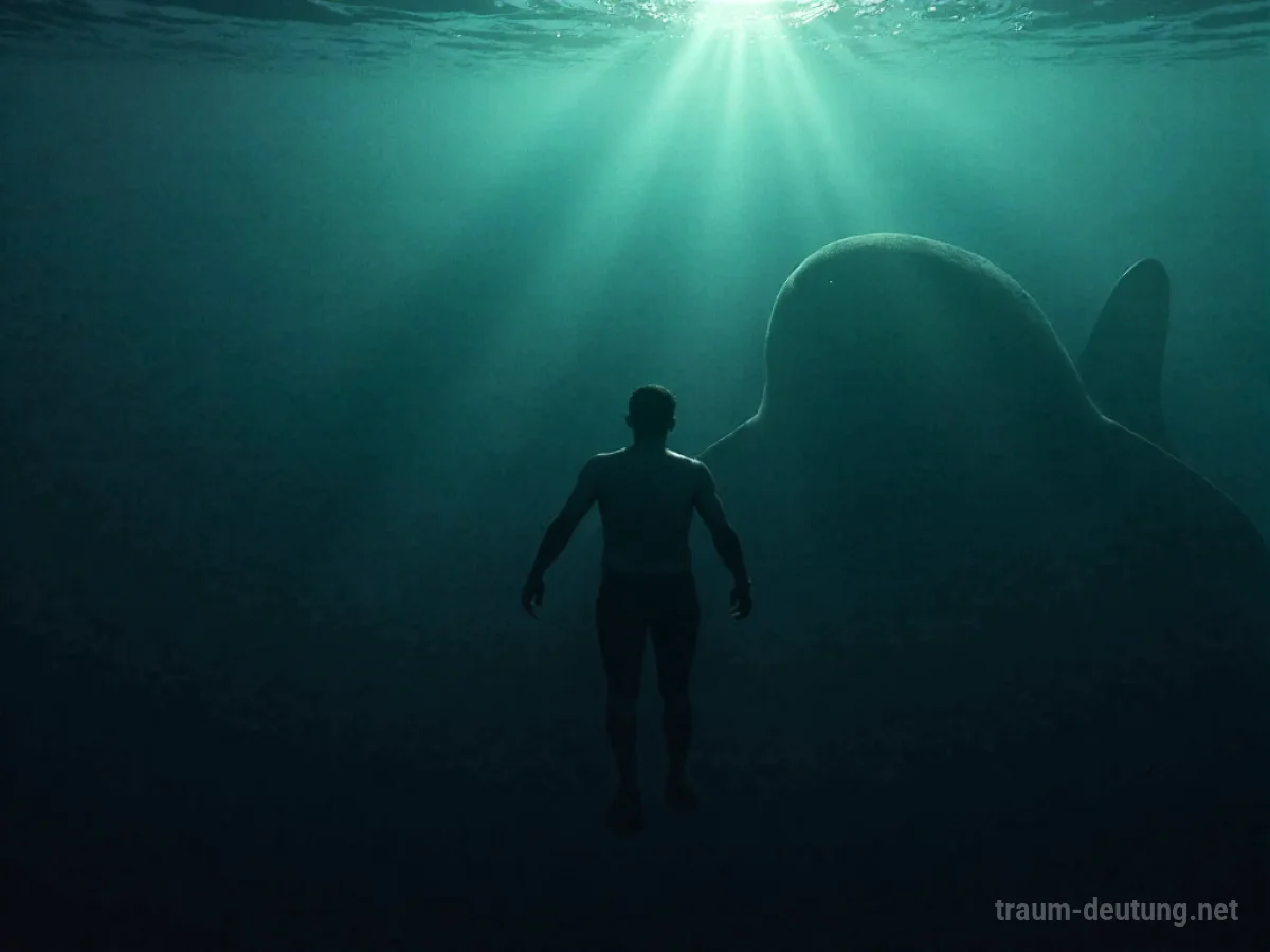 Silhouette einer Person, die vor einem Hai im Wasser flüchtet.