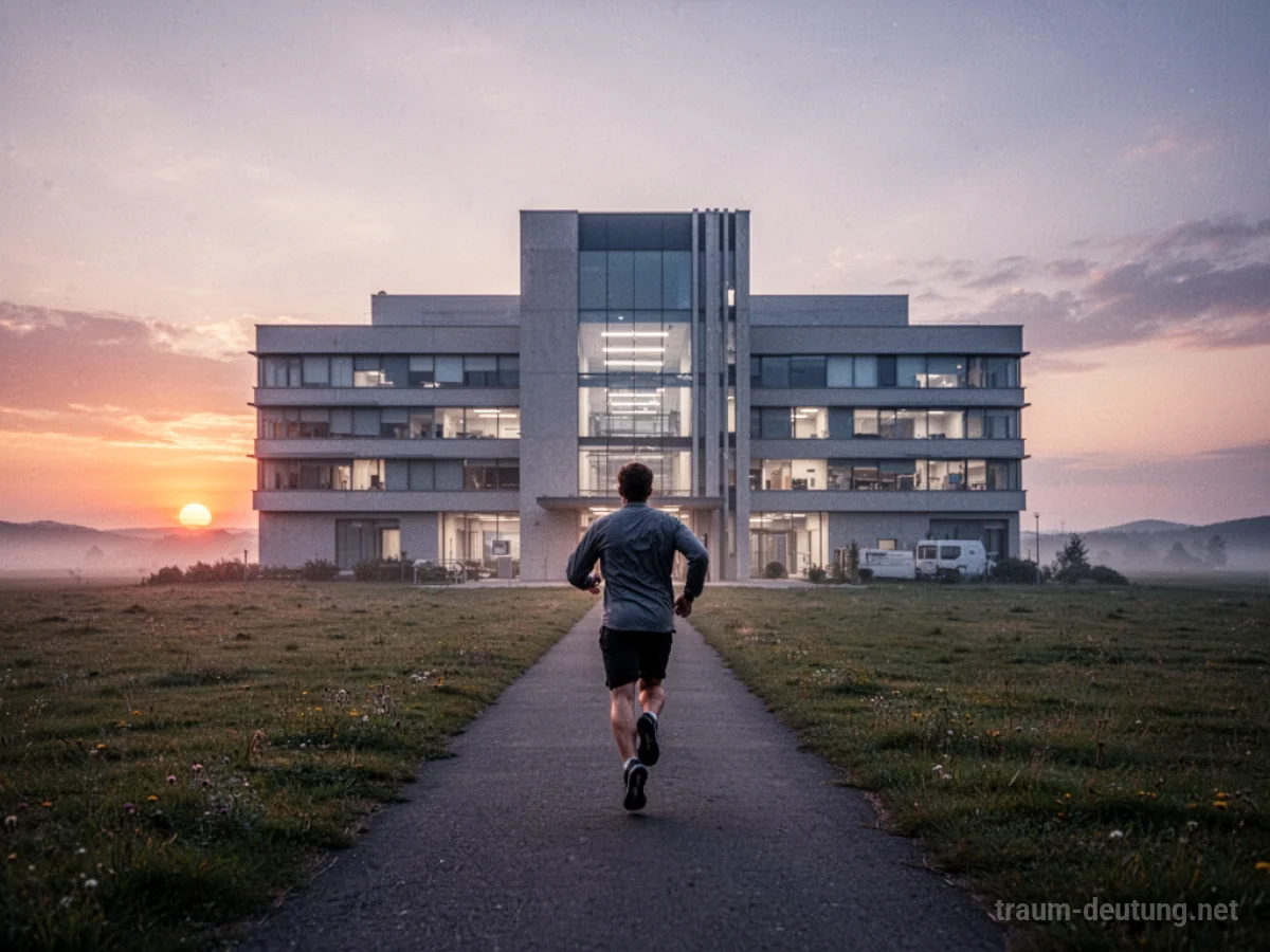 Eine Person flieht aus einem Krankenhaus in Richtung eines hellen Morgens.