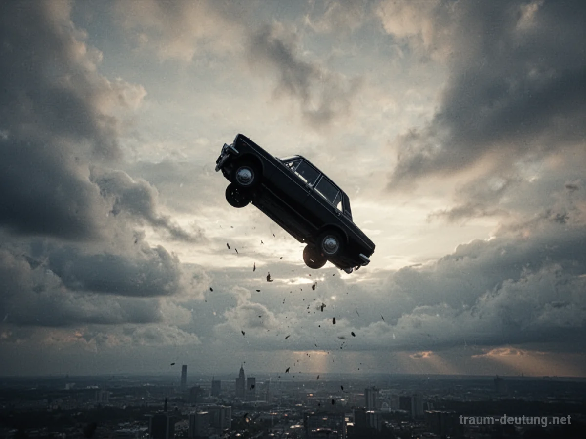 Auto stürzt von großer Höhe ab, umgeben von Wolken