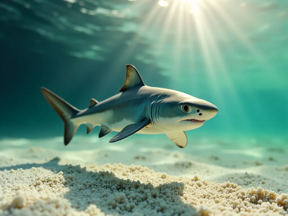Ein kleiner Babyhai schwimmt in klarem, flachem Wasser über Sand.