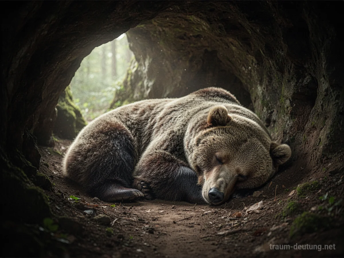 Ein Bär schläft friedlich in einer dunklen Höhle.