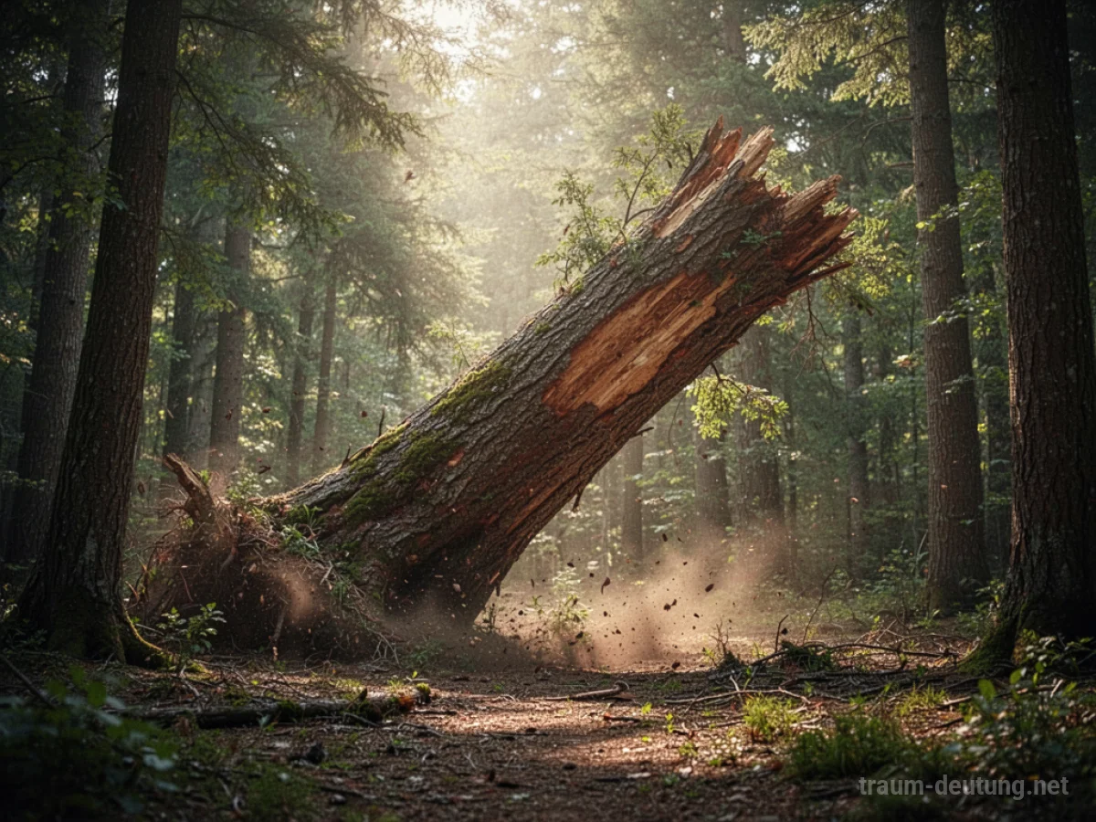 Ein großer Baumstamm fällt in einem Wald um, Sonnenlicht fällt durch die Bäume.