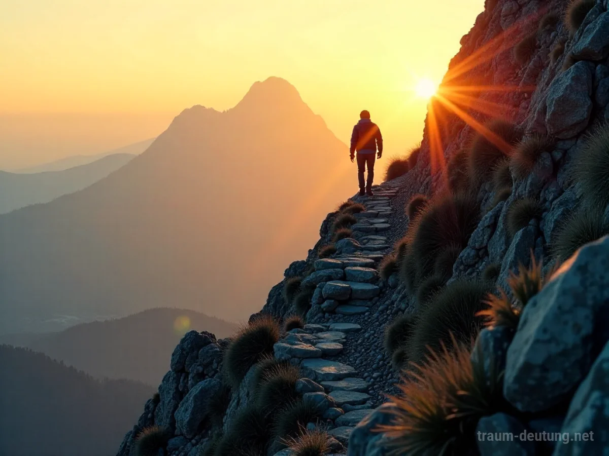 Person klettert einen Bergpfad hinauf zum Gipfel.