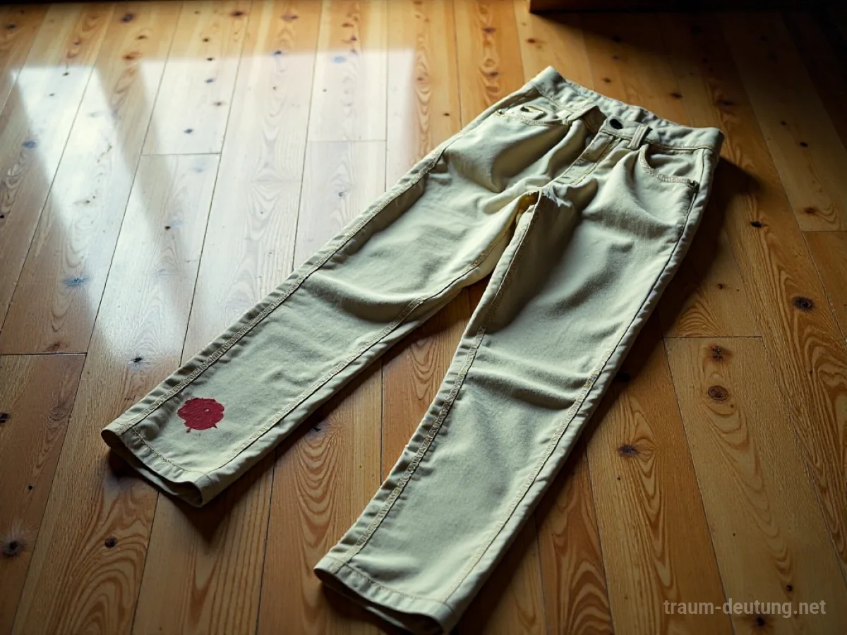 Eine Hose mit einem roten Fleck auf dem Stoff, auf einem Holzboden liegend.