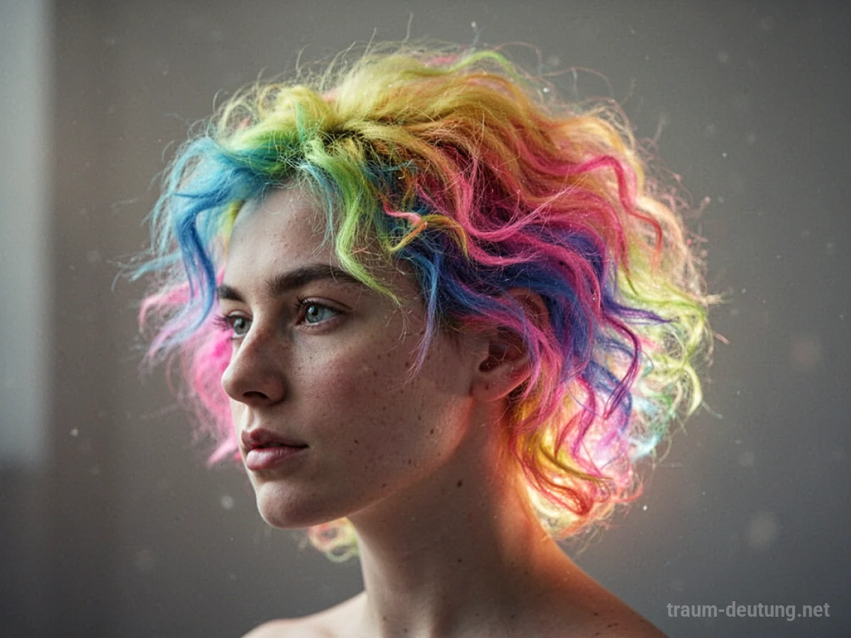 Kopf einer Person mit leuchtend bunten Haaren