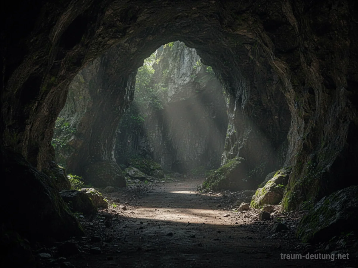 Eingang zu einer dunklen Höhle mit Schatten im Inneren.