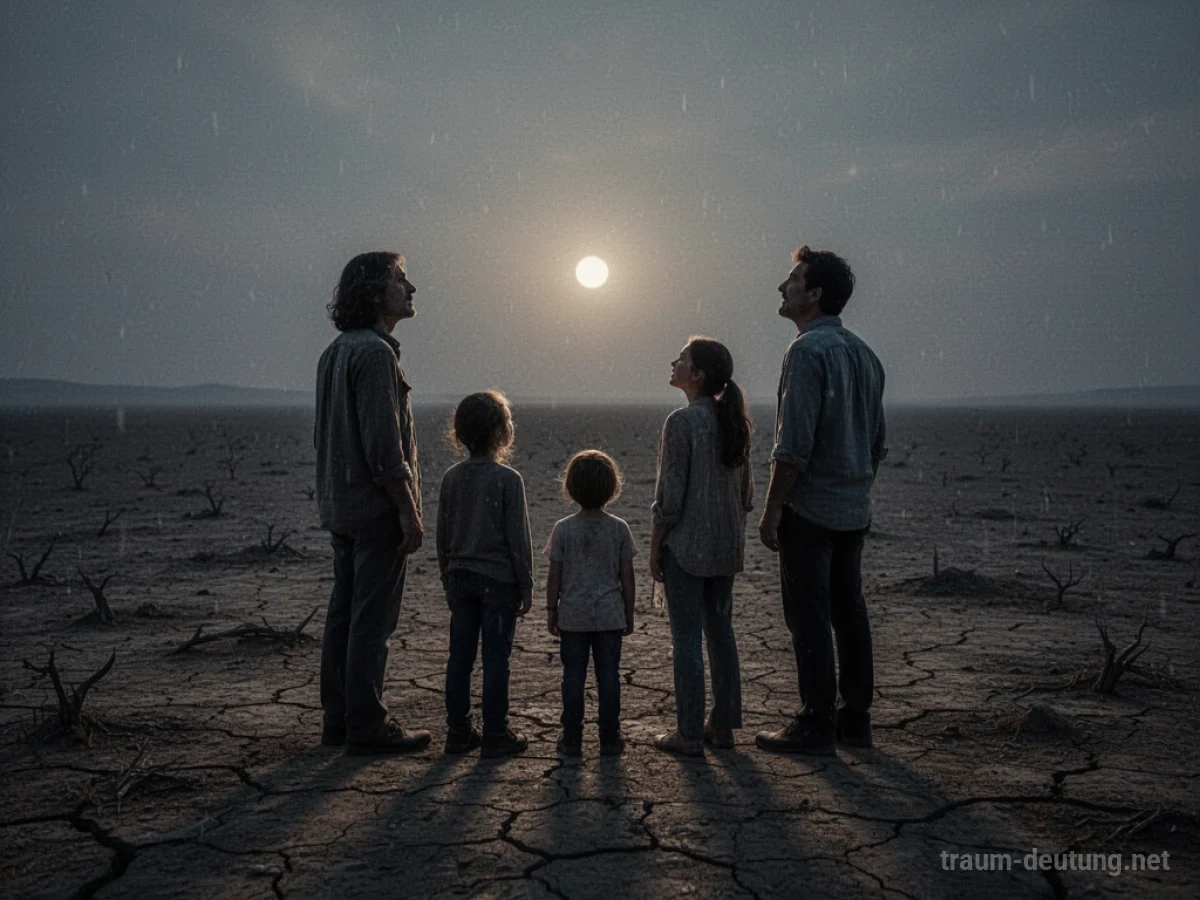 Silhouetten einer Familie in einer kargen Landschaft, die auf ein fernes Licht blickt.