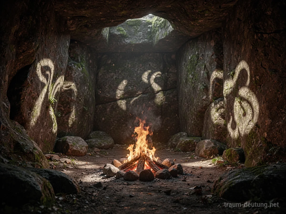 Kleines Feuer brennt in einer dunklen Höhle.