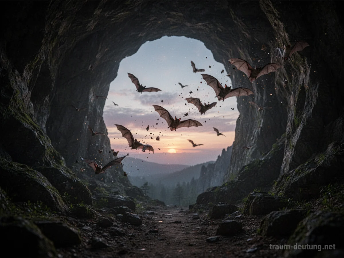 Fledermäuse fliegen aus einer dunklen Höhle bei Dämmerung.