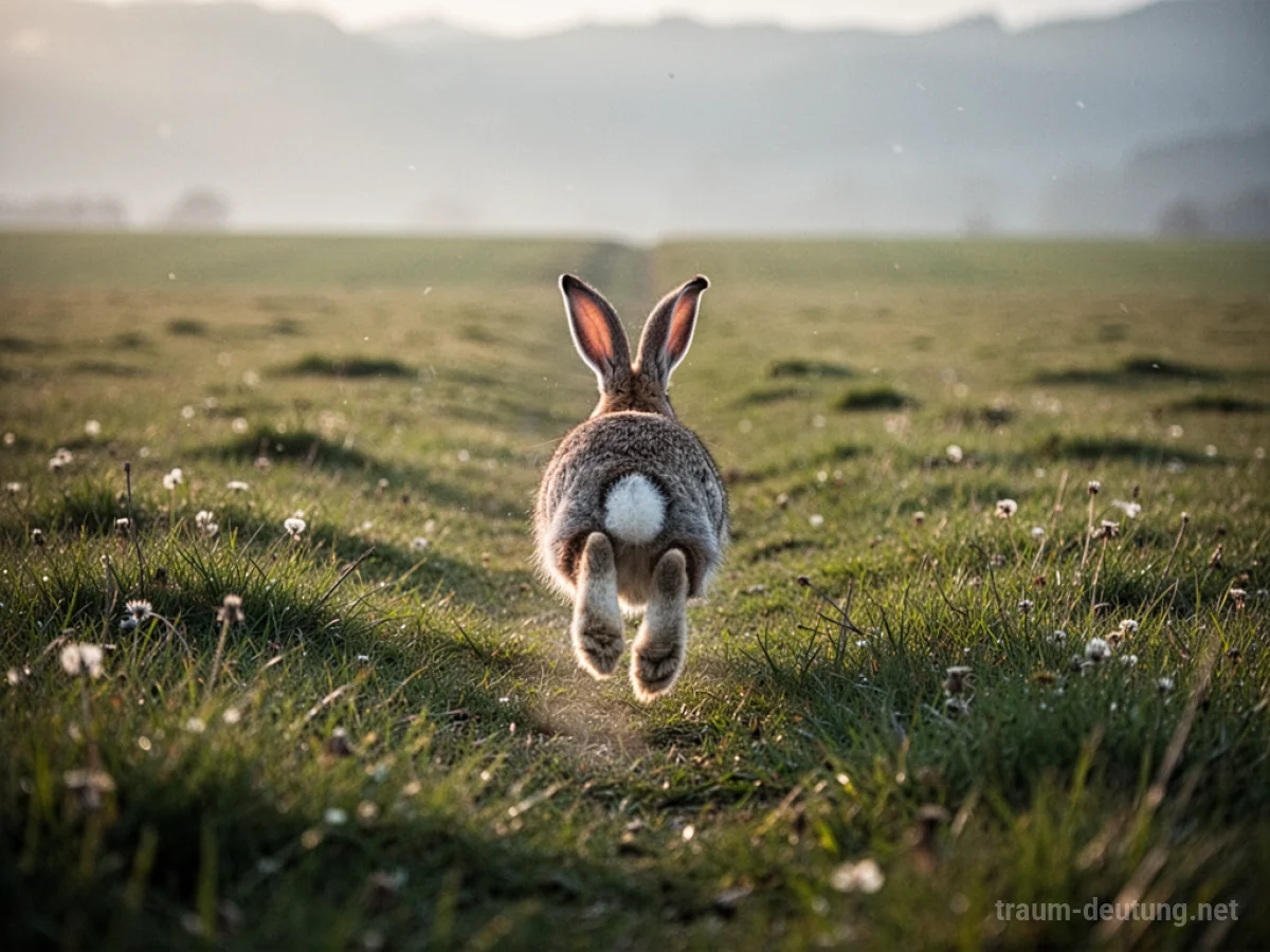 Ein Hase flüchtet über eine Wiese in die Ferne.