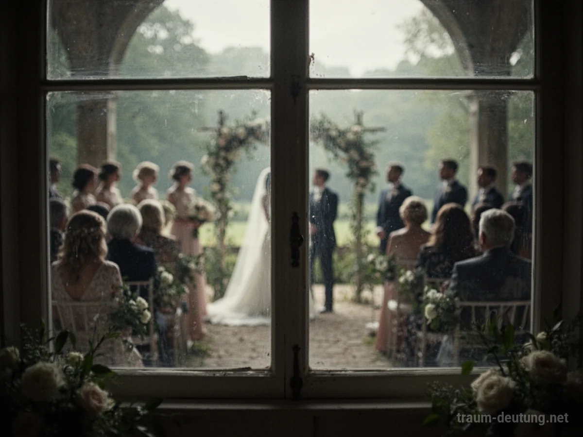 Eine verschwommene Hochzeitsszene durch ein Fenster mit Silhouetten von Gästen.