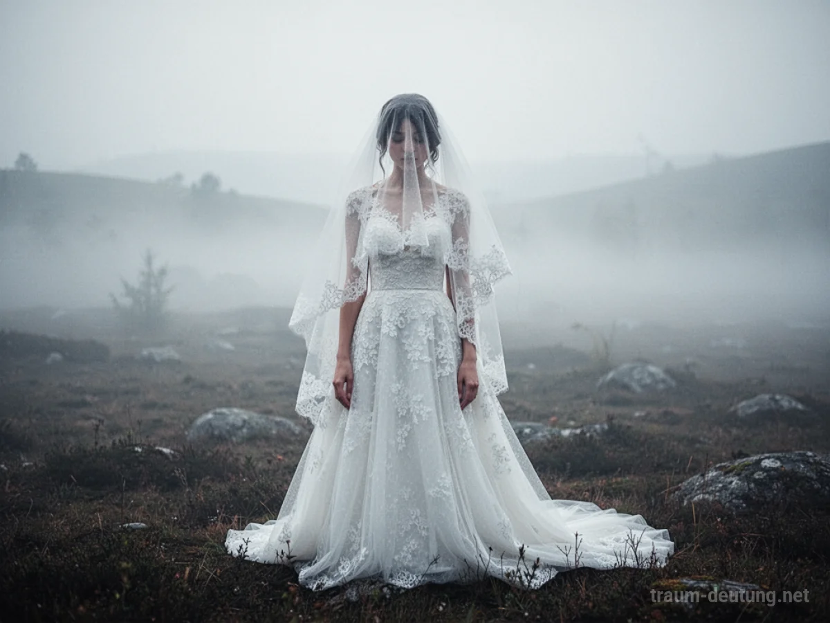 Eine Frau in einem Hochzeitskleid mit verdecktem Gesicht steht in einer nebligen Landschaft.