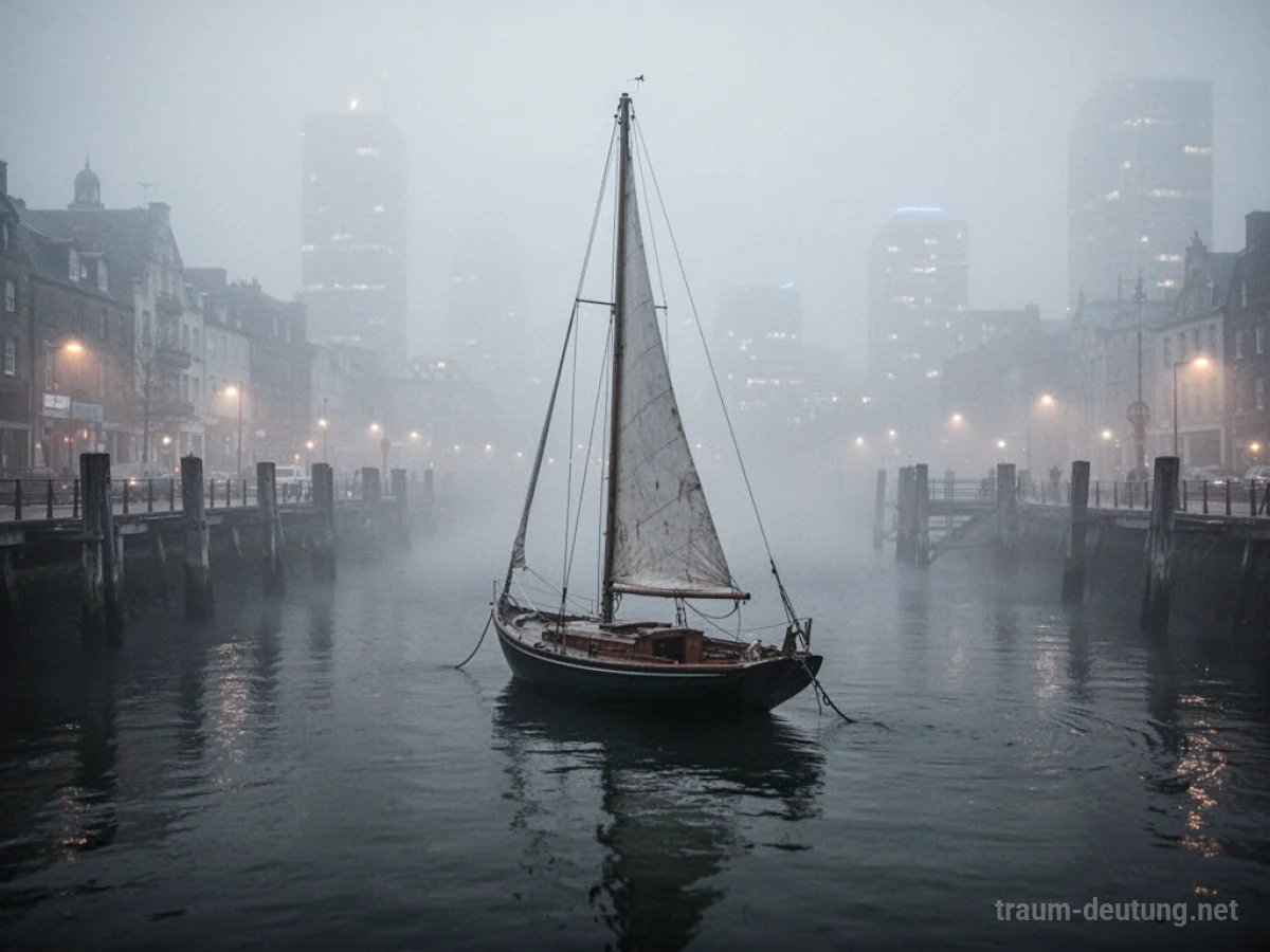 Ein Segelboot fährt in einen nebligen, fremden Hafen ein.