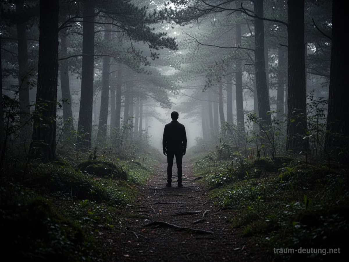 Silhouettenfigur blockiert einen dunklen, nebelverhangenen Waldweg.
