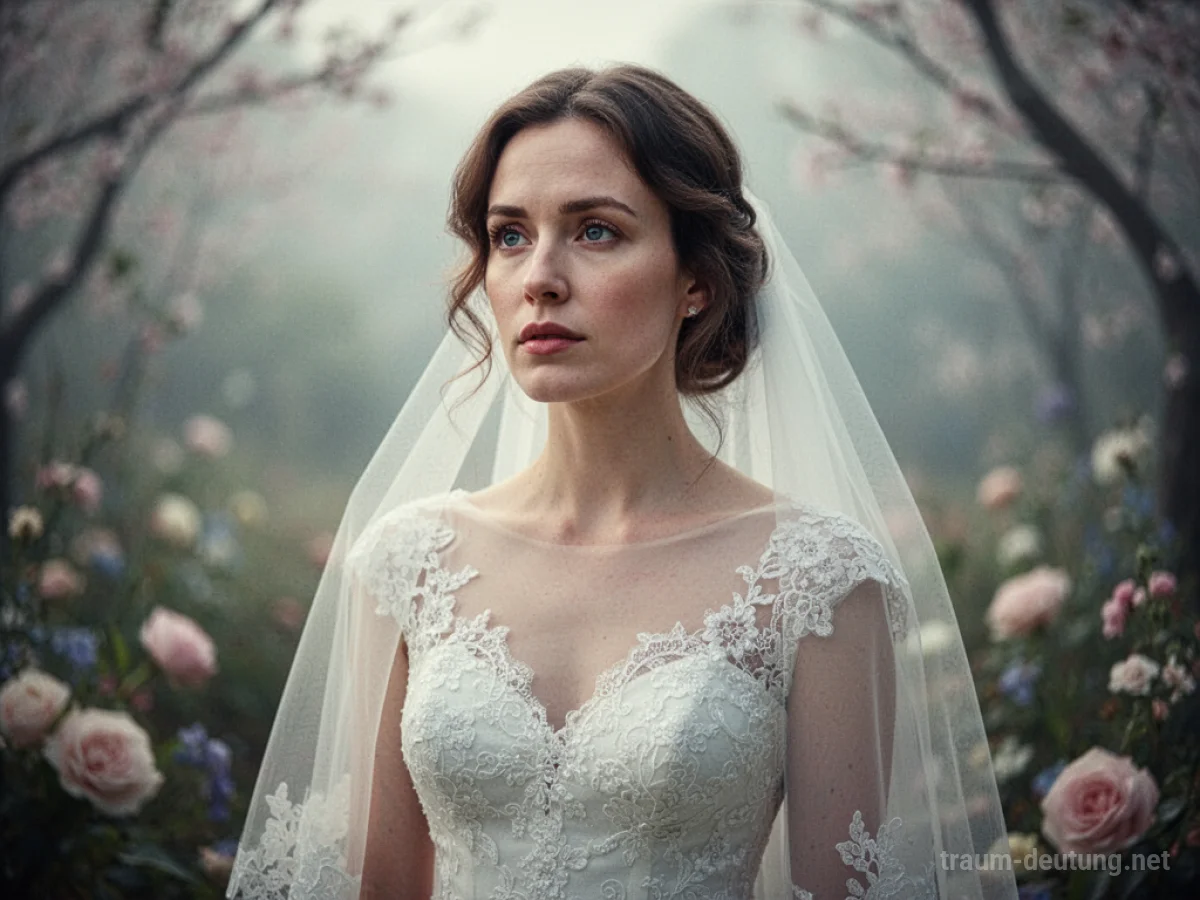 Frau in einem Hochzeitskleid, die nachdenklich in die Ferne blickt.