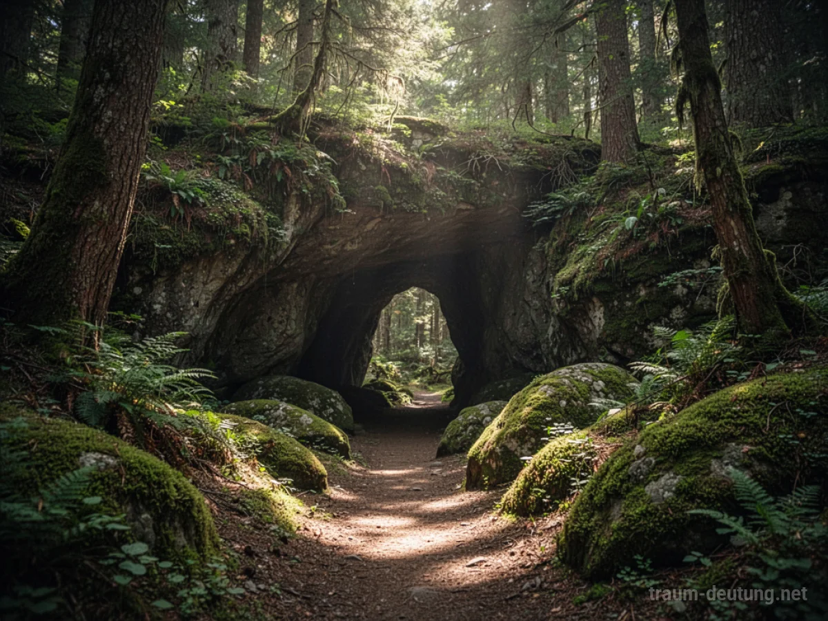 Versteckter Höhleneingang in einem dichten Wald, von Sonnenlicht beleuchtet.
