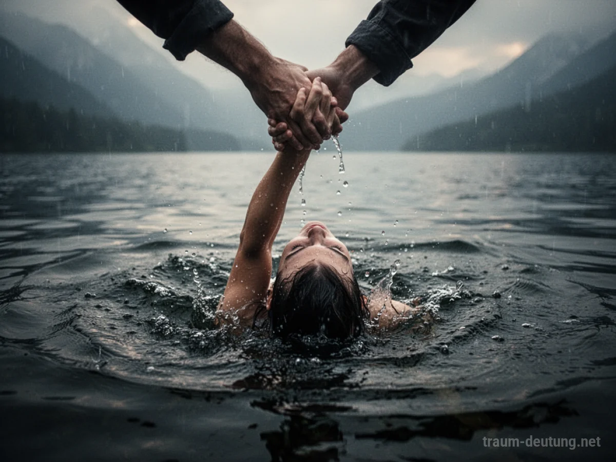 Eine Hand greift aus dem Dunkel, um jemanden aus dem Wasser zu retten.