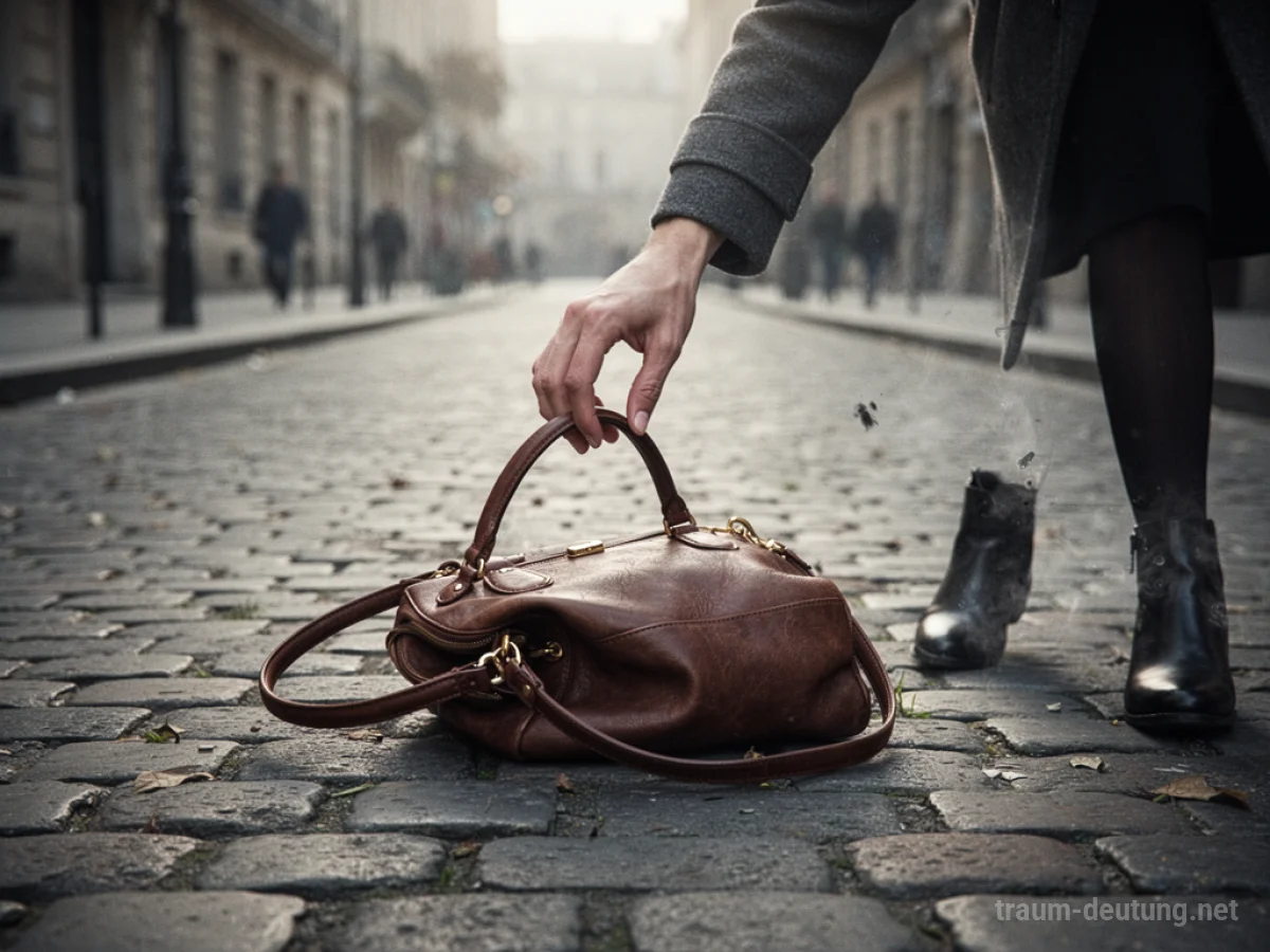Eine Hand hebt eine Handtasche vom Boden auf.