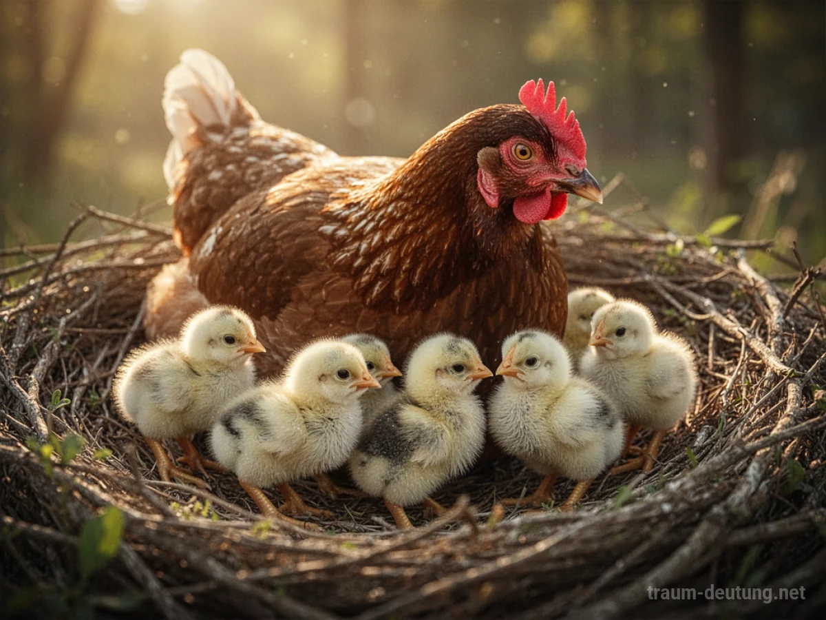 Eine Glucke sitzt schützend über ihren Küken in einem Nest.