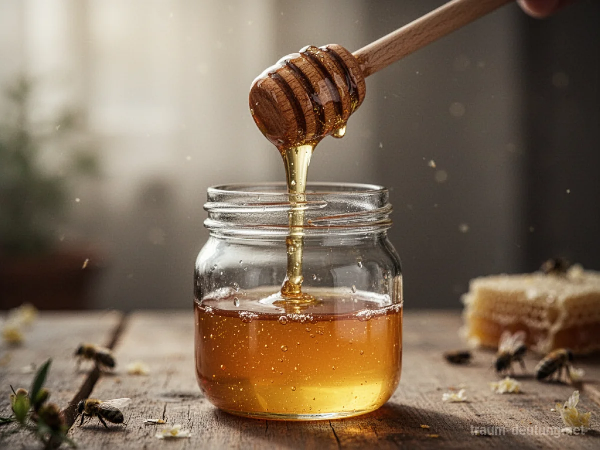 Goldener Honig fließt aus einem Holzlöffel in ein Glas