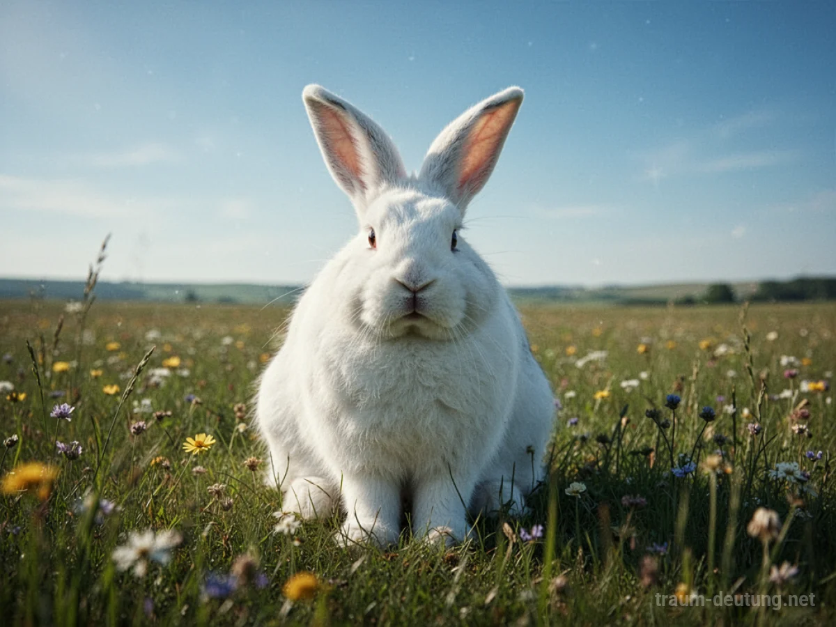 Ein riesiger weißer Hase steht allein auf einer sonnigen Blumenwiese.