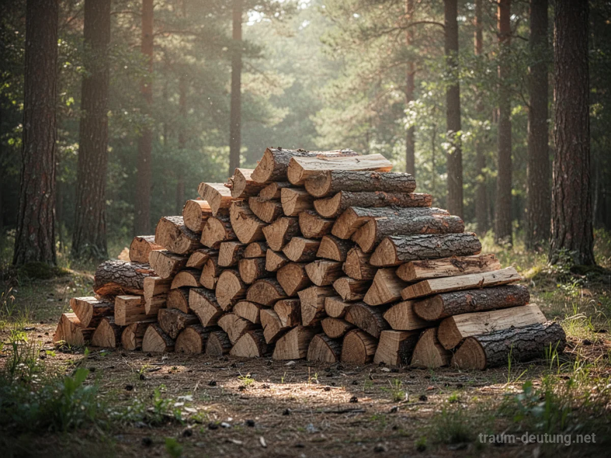 Ein großer, aufgeschichteter Holzstapel im Sonnenlicht auf einer Waldlichtung.