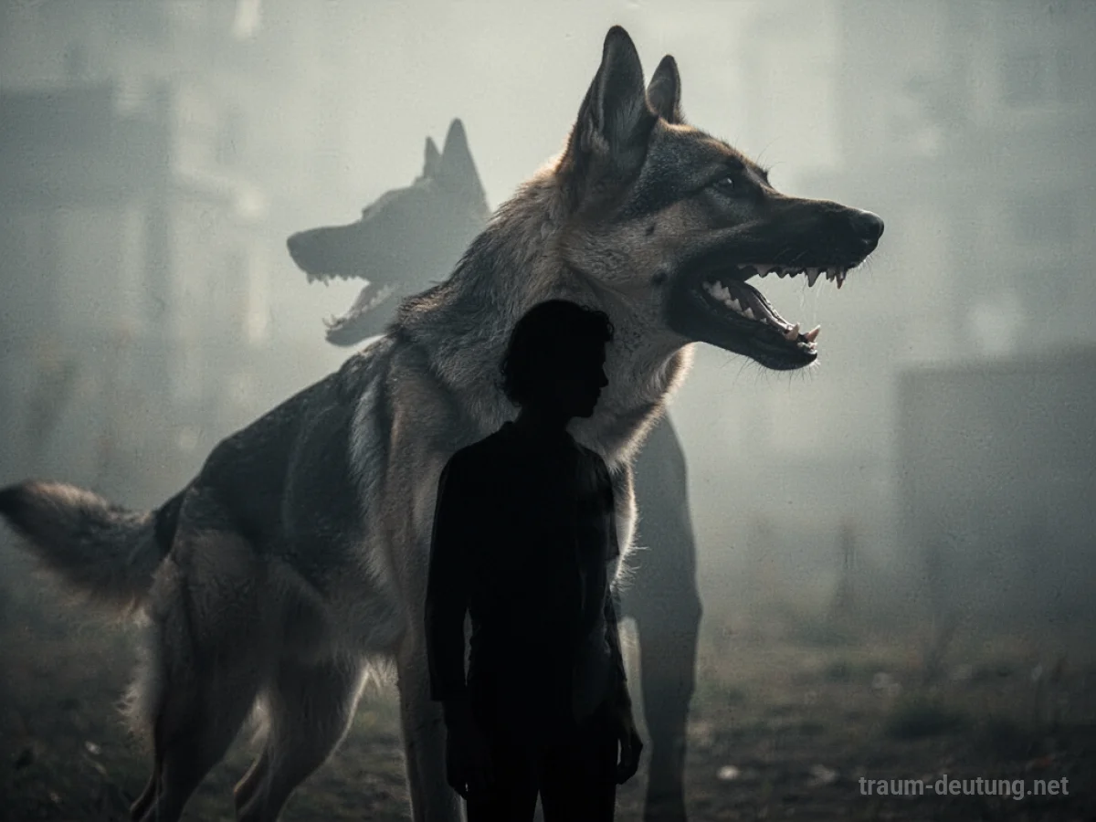 Silhouette eines großen Hundes mit gefletschten Zähnen, der einen Menschen bedroht