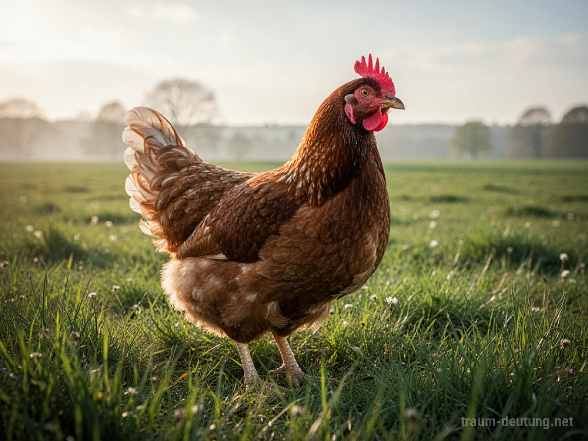 Ein großes Huhn steht auf einer grünen Wiese.