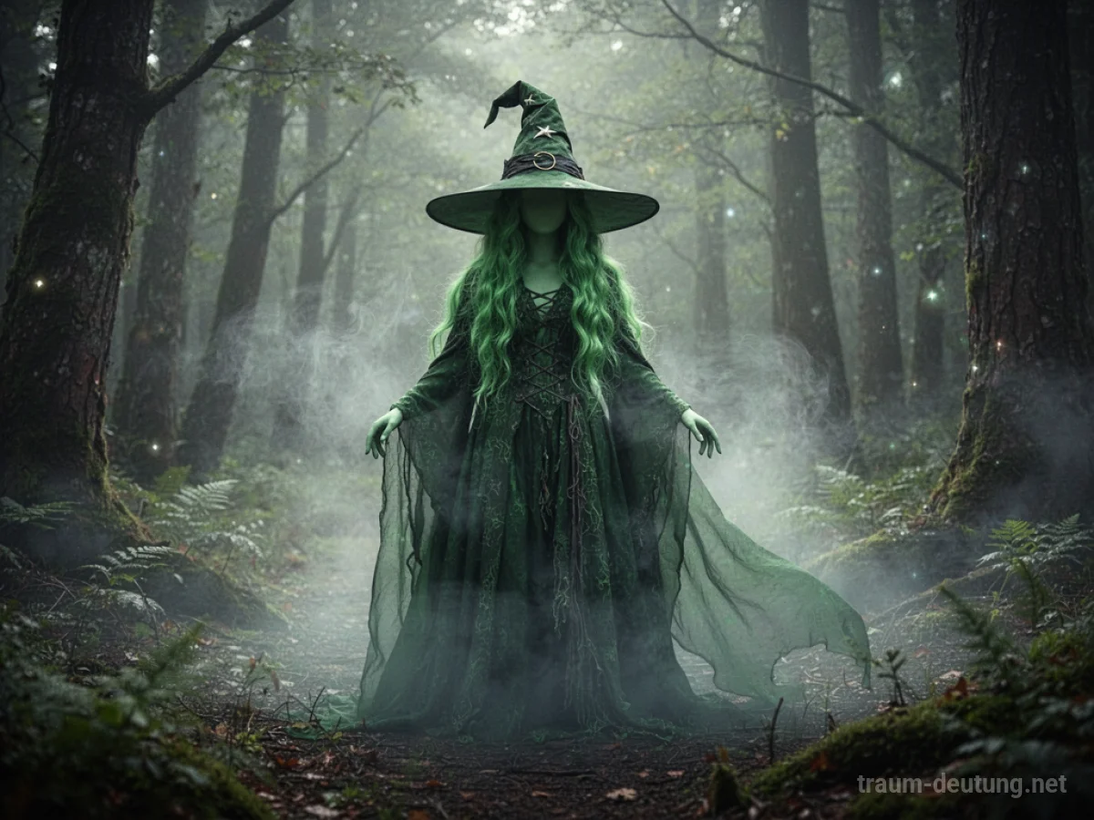 Mystische grüne Hexe im Nebel eines Waldes