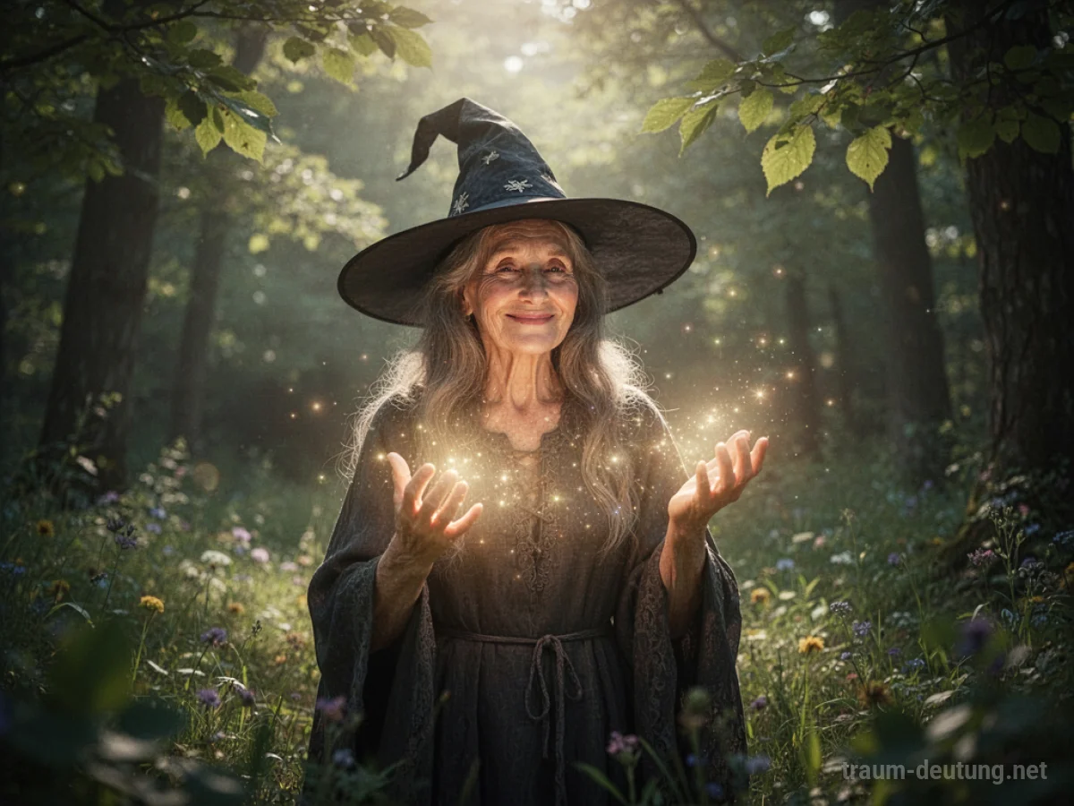 Eine freundliche Hexe mit einem Lächeln, die sanftes Licht verbreitet.