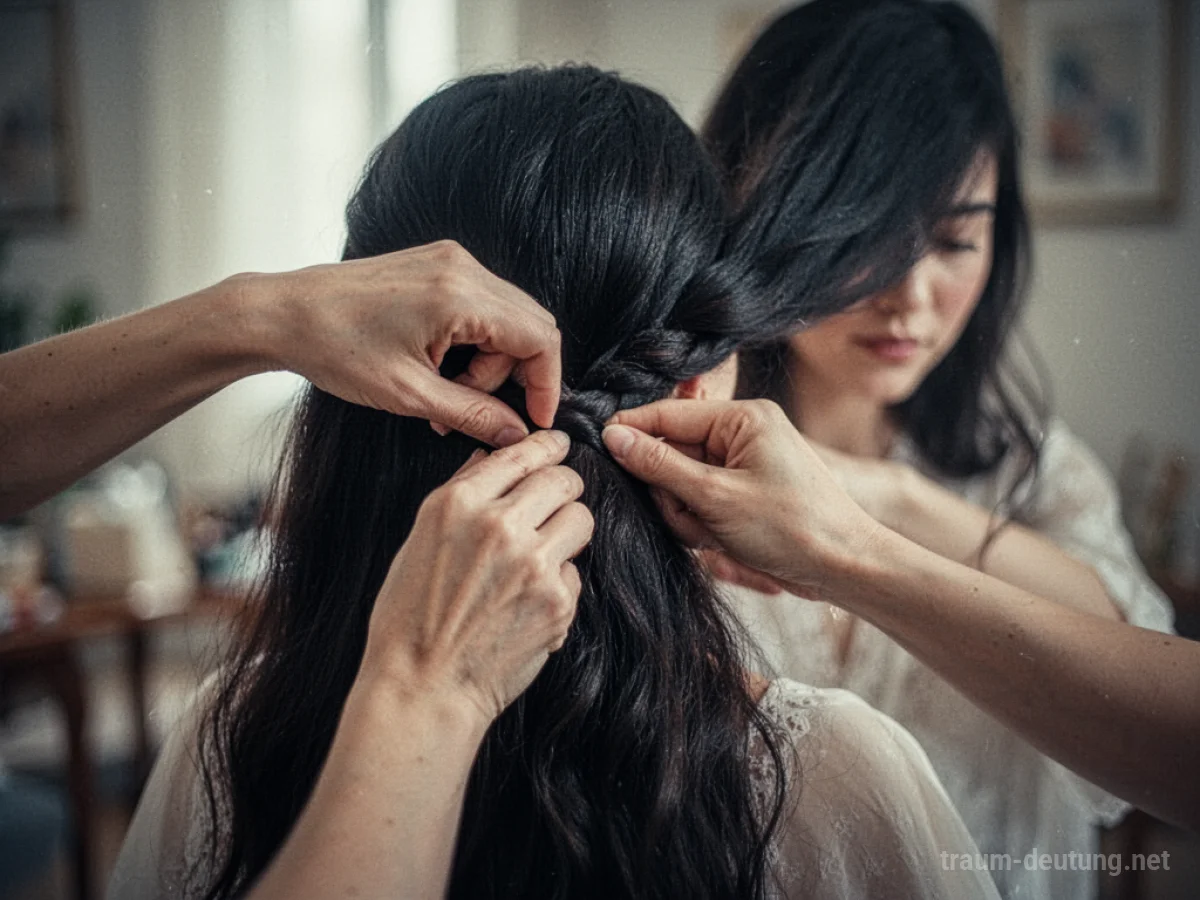 Hände flechten sorgfältig lange dunkle Haare zu einem Zopf.