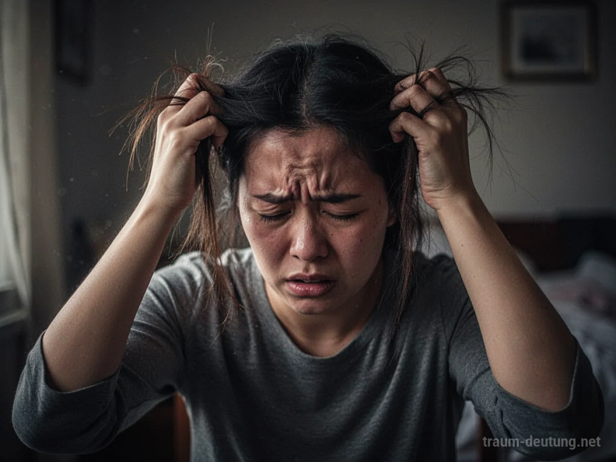 Person reißt sich im Traum Haare aus vor einem dunklen Hintergrund