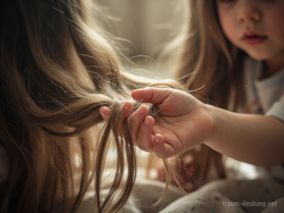 Sanft berührende Haare der Mutter an einer Kinderhand