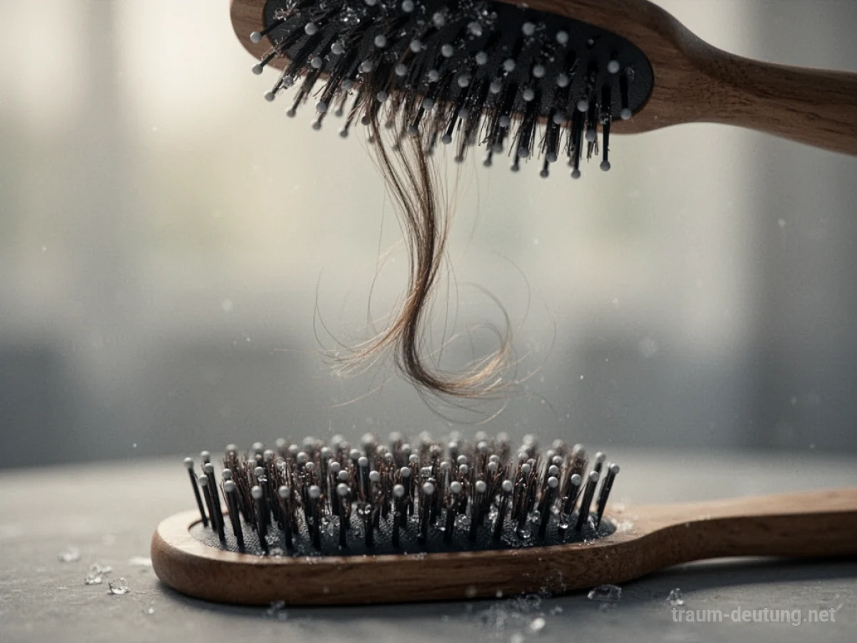 Ein einzelnes Haar fällt aus einer Haarbürste.