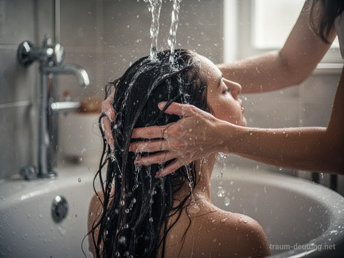 Hände waschen lange Haare unter fließendem Wasser.