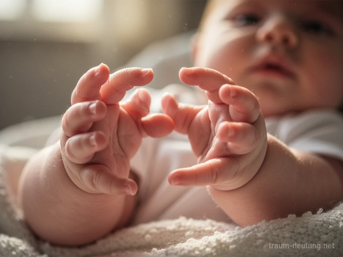 Kleine Babyhände, die sich ausstrecken, im weichen Licht.
