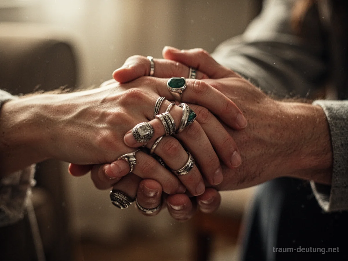Zwei Hände, eine davon mit Ringen geschmückt, werden sanft umschlungen.