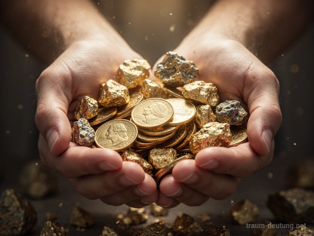 Hände, die überlaufen von glänzenden Goldmünzen und Nuggets