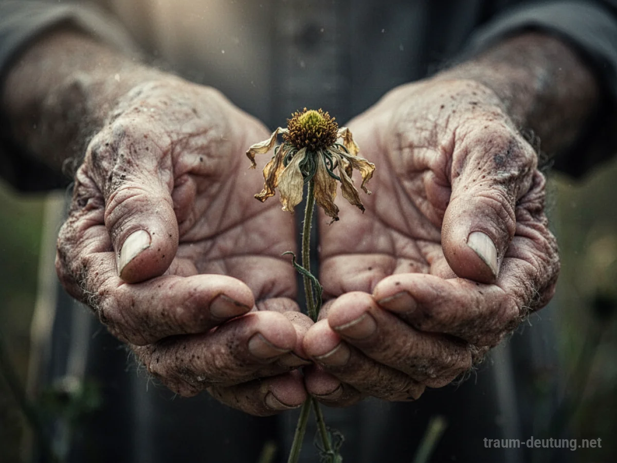 Alternde Hände halten eine welkende Blume