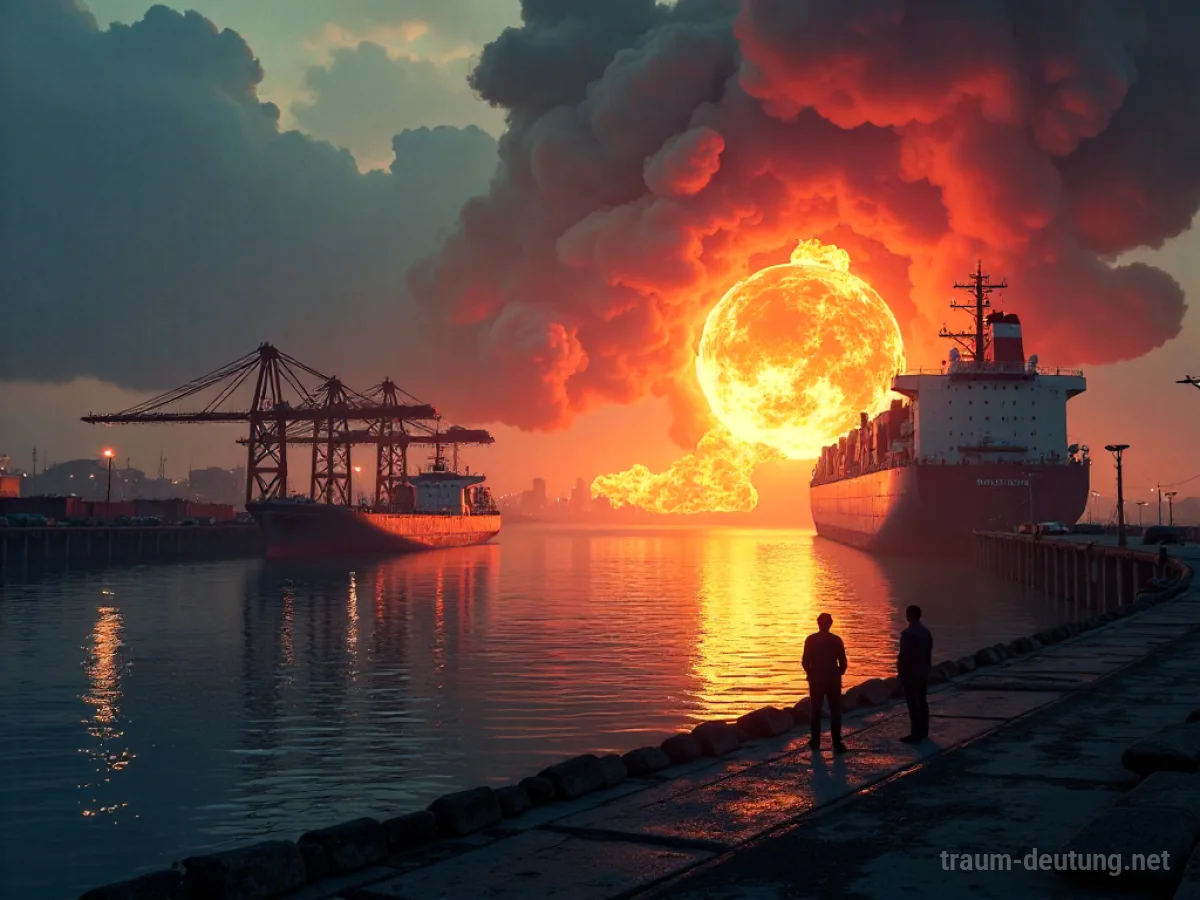 Explodierender Hafen mit symbolischem Licht, der Zerstörung und Neubeginn darstellt.
