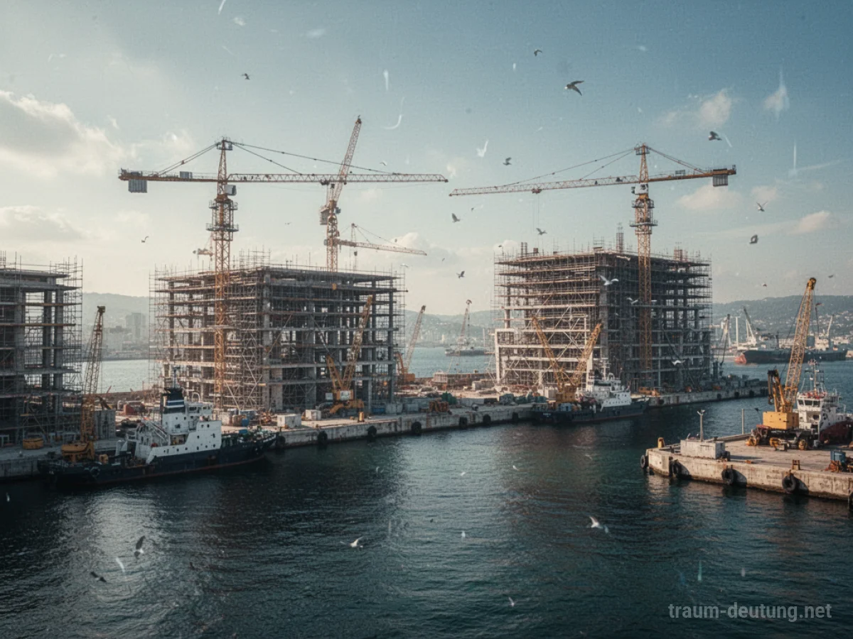 Ein Hafen im Bau mit Kränen und Gerüsten, der sich im Entstehen befindet.