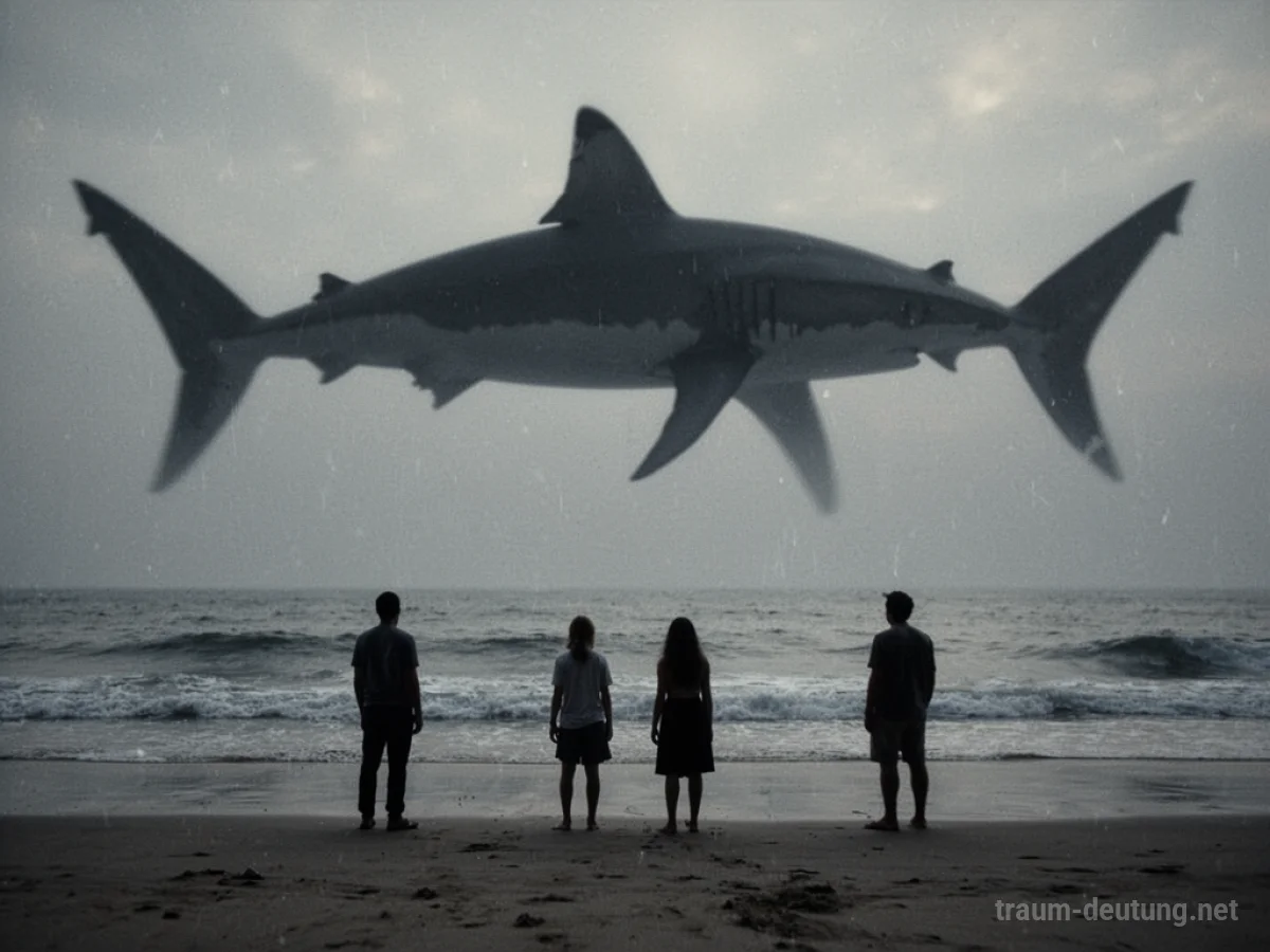 Schatten eines Hais am Horizont, zwei Menschen stehen getrennt am Strand.