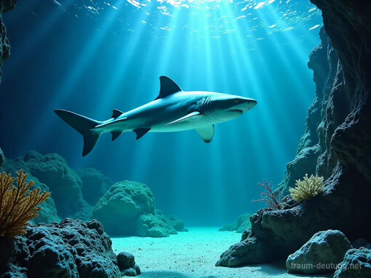 Hai schwimmt in einem großen Aquarium mit künstlichen Korallen.